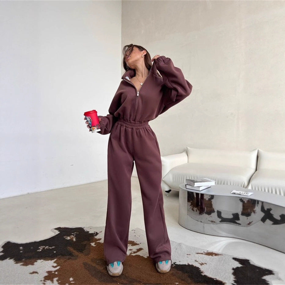 Damen Relaxed-Loungewear-Set mit Halbzip-Stehkragen und hochtaillierter Weitbein-Jogginghose Nord Taschen