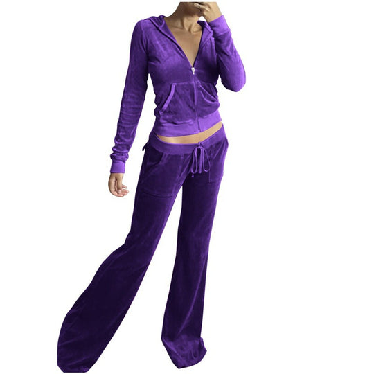 Damen Samtvelours Cropped-Zipjacke mit Kängurutasche und hochgeschnittener Bündchenhose Nord Taschen