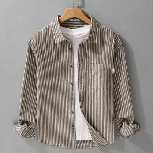 Herren Leichtes gestreiftes Hemd‑Overshirt aus Leinen‑Baumwollmix mit Relaxed‑Fit und aufgesetzter Brusttasche Nord Taschen