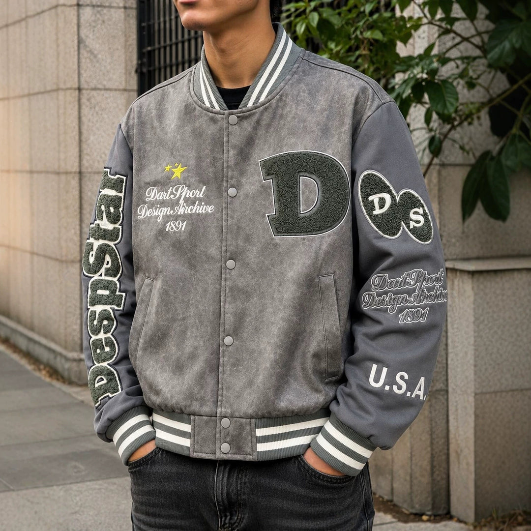 Herren Varsity-Bomberjacke im College-Stil aus Lederimitat mit Applikationen Nord Taschen