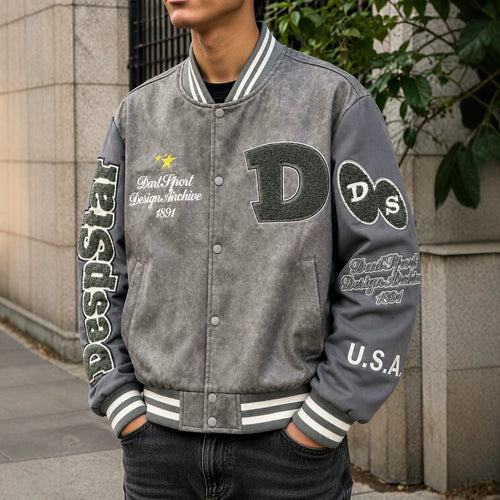 Herren Varsity-Bomberjacke im College-Stil aus Lederimitat mit Applikationen Nord Taschen
