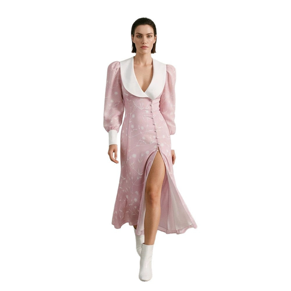 Damen Midikleid mit tiefem Schalkragen, Puffärmeln und seitlichem Schlitz Nord Taschen