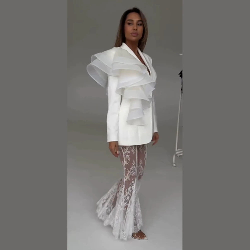 Damen taillierter Blazer mit asymmetrischer Organza-Rüsche Nord Taschen