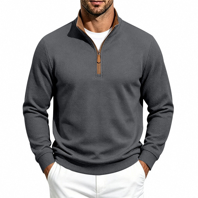 Herren Struktur-Halbzipp-Pullover mit Stehkragen und Kontrastinnenkragen Nord Taschen