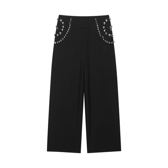 Damen Weite Highwaist-Hose mit Nietenbesatz und dekorativen Zierperlen Nord Taschen