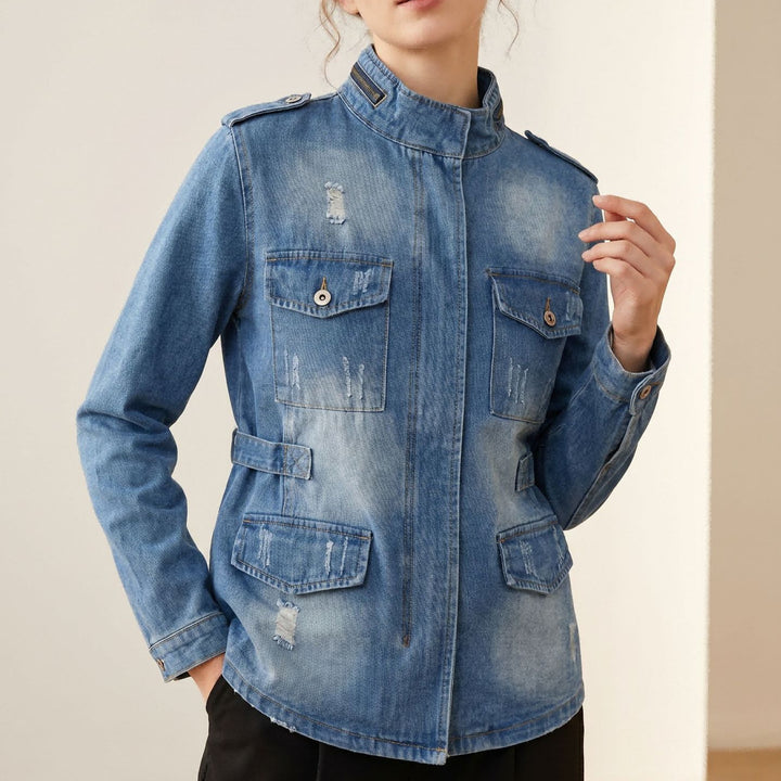 Damen taillierte Military-Denimjacke mit Stehkragen, aufgesetzten Pattentaschen und dezenten Used-Details Nord Taschen