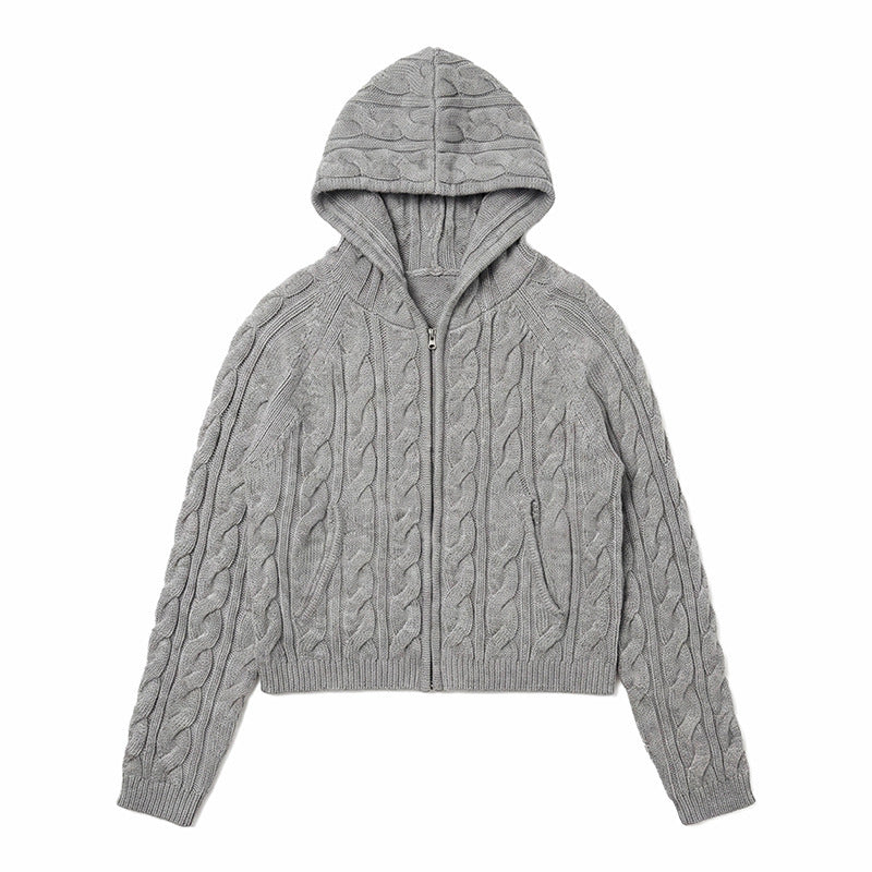 Damen Kapuzen-Zopfstrick-Cardigan mit Reißverschluss und Raglanärmeln Nord Taschen