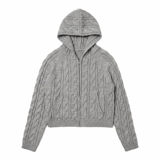 Damen Kapuzen-Zopfstrick-Cardigan mit Reißverschluss und Raglanärmeln Nord Taschen