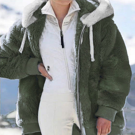 Damen Oversized Sherpa-Zipjacke mit Kontrastkragen, Rippbündchen und Kordelzug Nord Taschen