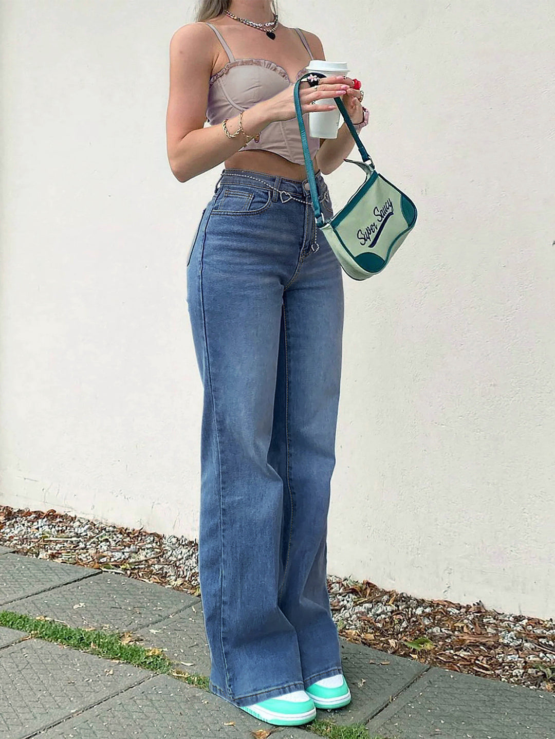 Damen Hochtaillierte Gerade‑Bein-Jeans im Retro‑Stil mit weitem Saum und Fünf‑Taschen‑Design Nord Taschen