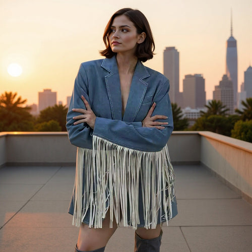 Damen Oversize-Blazer mit langen Fransen und Ziernähten Nord Taschen