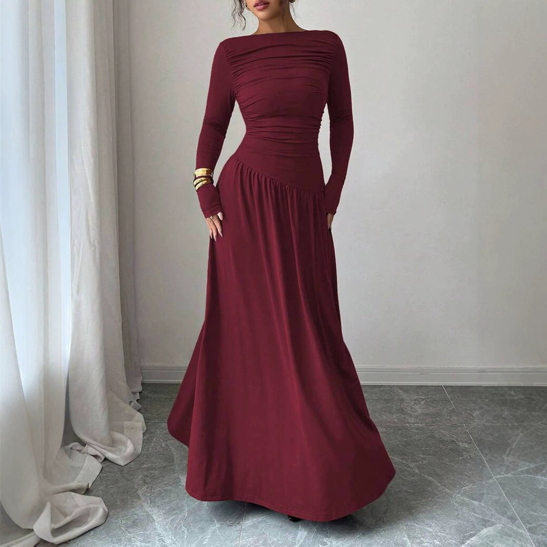 Damen Maxikleid mit gerafftem Oberteil, tailliertem Bund und Langarm Nord Taschen
