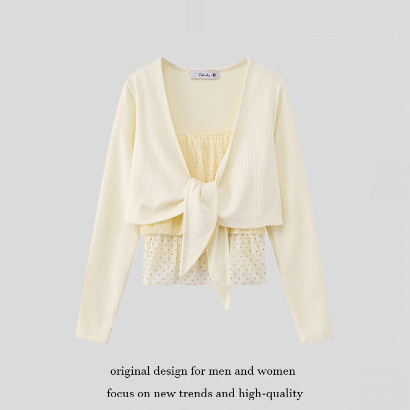 Damen Zweiteiliges Langarm-Top mit Knotenvorderseite und zartem Chiffon-Untertop Nord Taschen