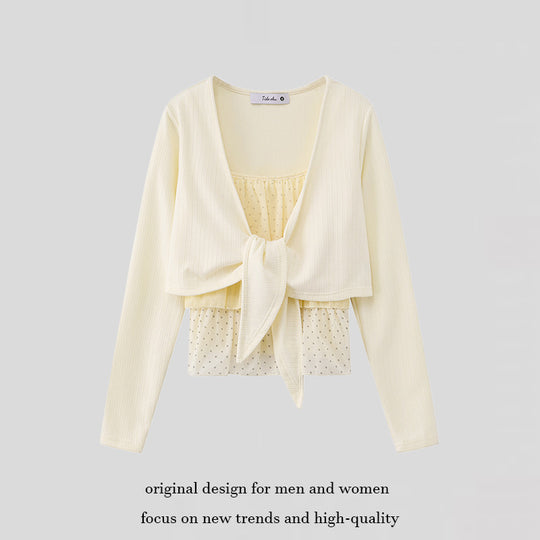 Damen Zweiteiliges Langarm-Top mit Knotenvorderseite und zartem Chiffon-Untertop Nord Taschen