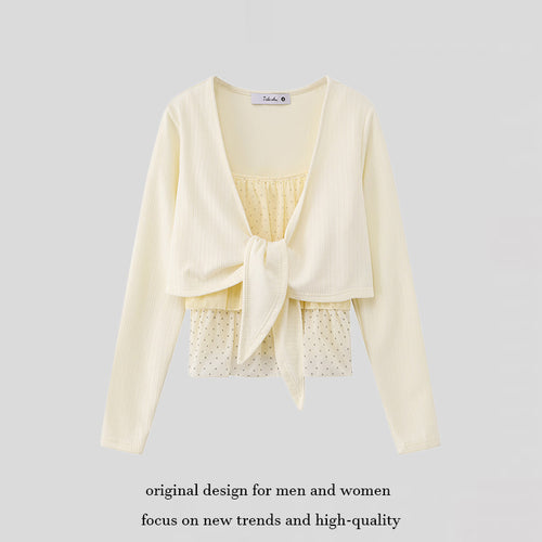 Damen Zweiteiliges Langarm-Top mit Knotenvorderseite und zartem Chiffon-Untertop Nord Taschen