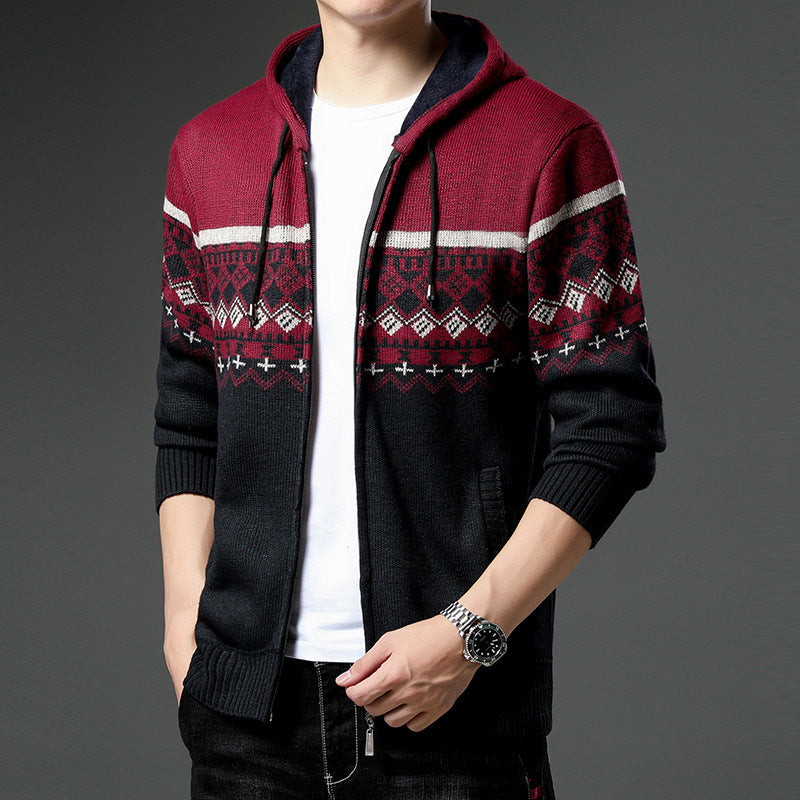 Herren Strick-Zip-Hoodie mit Norwegermuster, Kapuze und Eingrifftaschen Nord Taschen