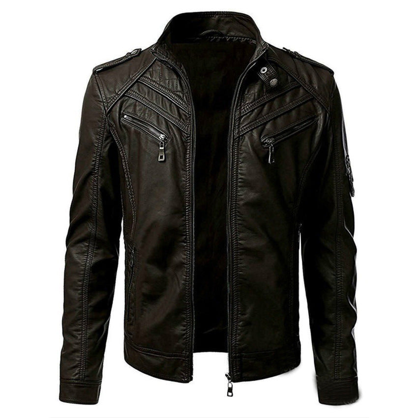 Herren Kunstleder-Bikerjacke mit Stehkragen, Ziernähten und Reißverschlusstaschen Nord Taschen