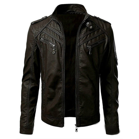Herren Kunstleder-Bikerjacke mit Stehkragen, Ziernähten und Reißverschlusstaschen Nord Taschen