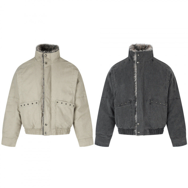 Damen Kurz geschnittene Cord‑Optik Blousonjacke mit Kunstfellfutter und hohem Stehkragen Nord Taschen