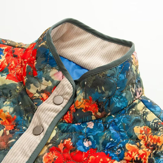 Damen gesteppte Blousonjacke mit abstraktem Blumenprint und Kontrastpaspel Nord Taschen