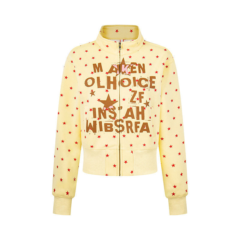 Damen Kurze Reißverschluss-Sweatjacke mit Stehkragen, Allover-Sternprint und Statement-Frontprint Nord Taschen