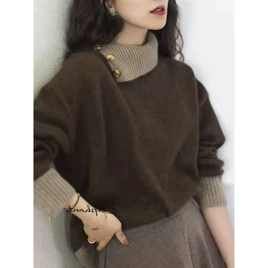 Damen Kurzgeschnitteter Pullover mit asymmetrischem Knopf‑Mockneck und Ballonärmeln Nord Taschen