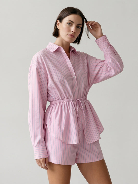 Damen Gestreiftes Loungewear-Set aus Leichtbaumwolle mit Kordel-Taille & Shorts Nord Taschen