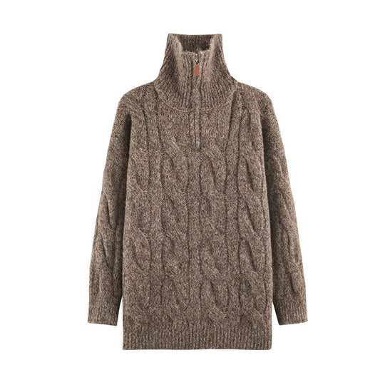 Damen Grobgestrickter Longpullover mit Zopfmuster und halbhohem Reißverschlusskragen Nord Taschen
