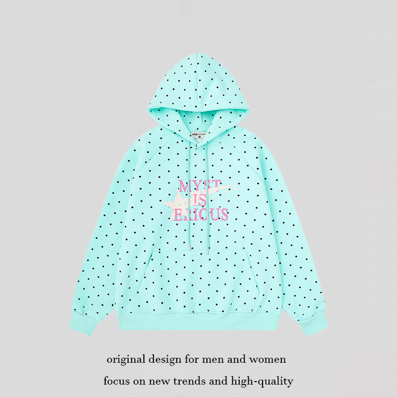 Damen Oversize-Kapuzenpullover mit Polka-Dot-Allover, Kängurutasche und Stern-Grafik Nord Taschen
