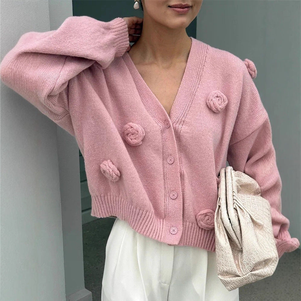 Damen Oversize-Strickcardigan mit dreidimensionalen Rosenapplikationen und V-Ausschnitt Nord Taschen