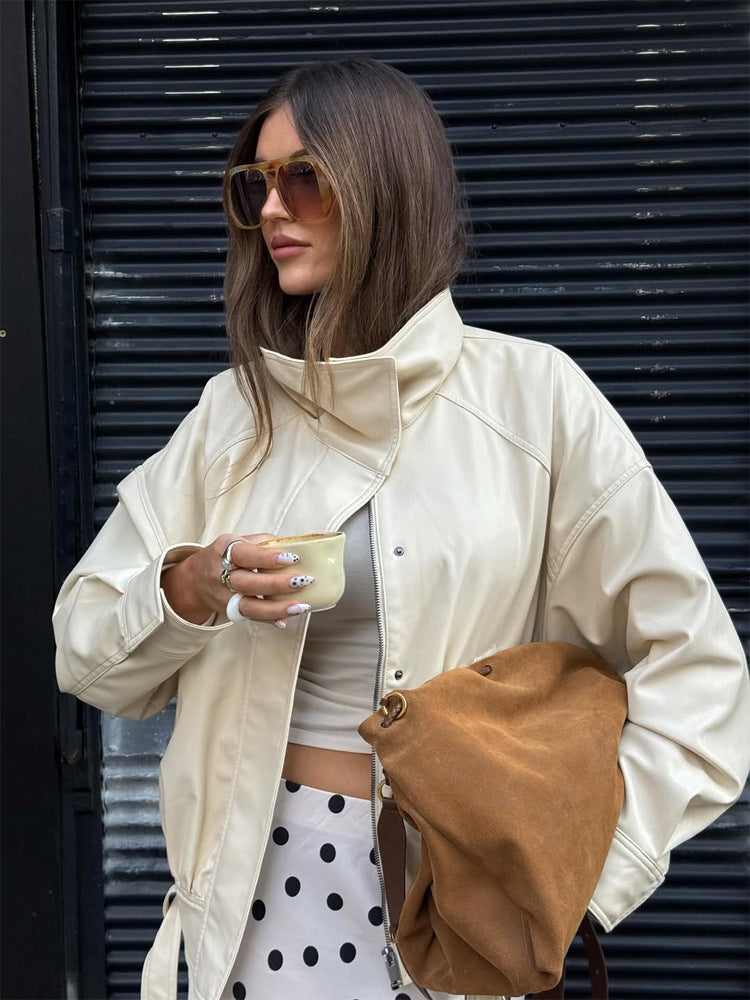 Damen Oversize Kunstlederjacke mit hohem Stehkragen und Tunnelzug Nord Taschen