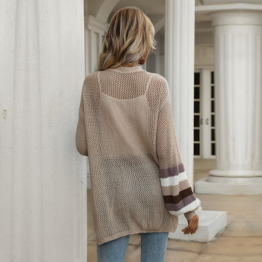 Damen Offene Longcardigan-Strickjacke mit Lochstrick, Ballonärmeln und gestreifter Ärmelpassform Nord Taschen