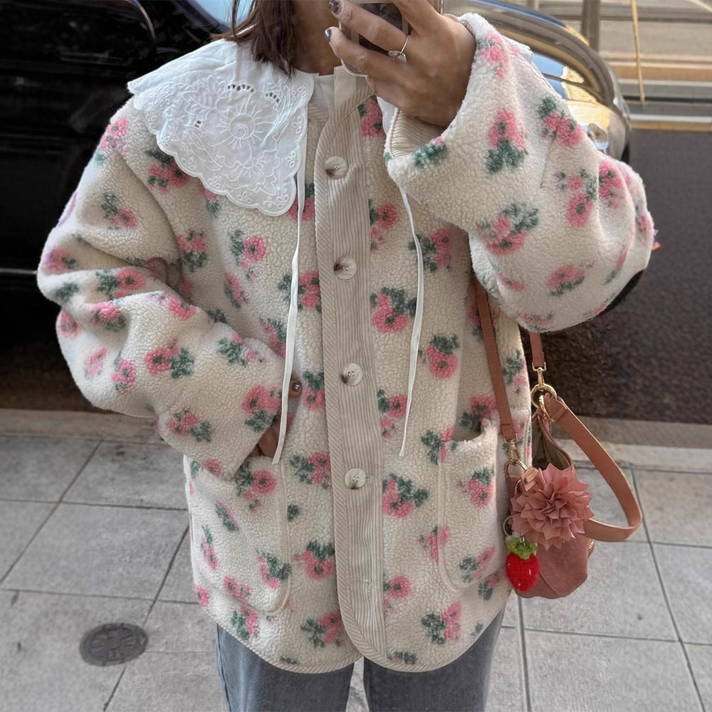 Damen Teddy-Fleecejacke mit Blumendruck, Cordleiste, Pattentaschen und übergroßem Spitzenkragen Nord Taschen