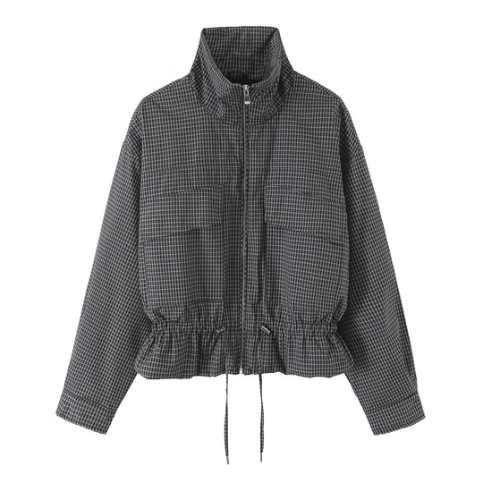 Damen karierte, funktionale Übergangsjacke mit Stehkragen und Tunnelzug Nord Taschen