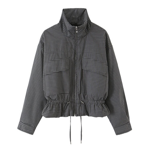 Damen karierte, funktionale Übergangsjacke mit Stehkragen und Tunnelzug Nord Taschen