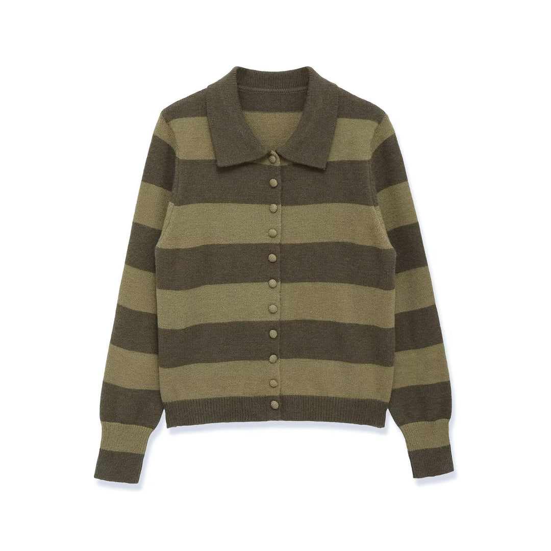 Damen Gestreifte Strickcardigan mit Hemdkragen und Knopfleiste Nord Taschen