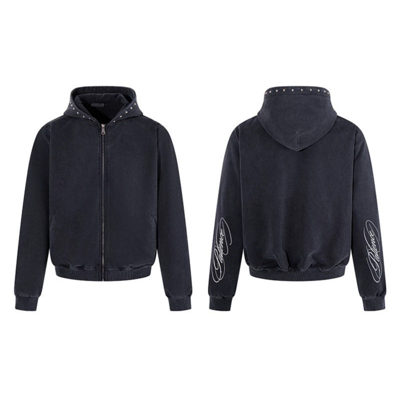 Herren Kurz geschnittene Zip‑Kapuzenjacke aus Velours mit Nietenbesetzter Kapuze Nord Taschen