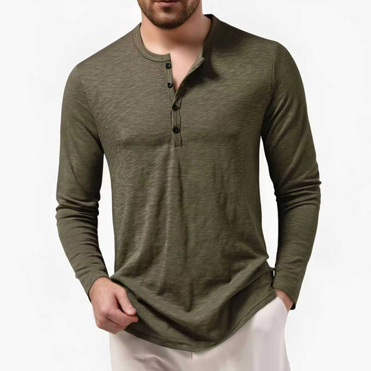 Herren Slim-Fit Henley Langarmshirt mit kurzem Knopfverschluss und abgerundetem Saum Nord Taschen