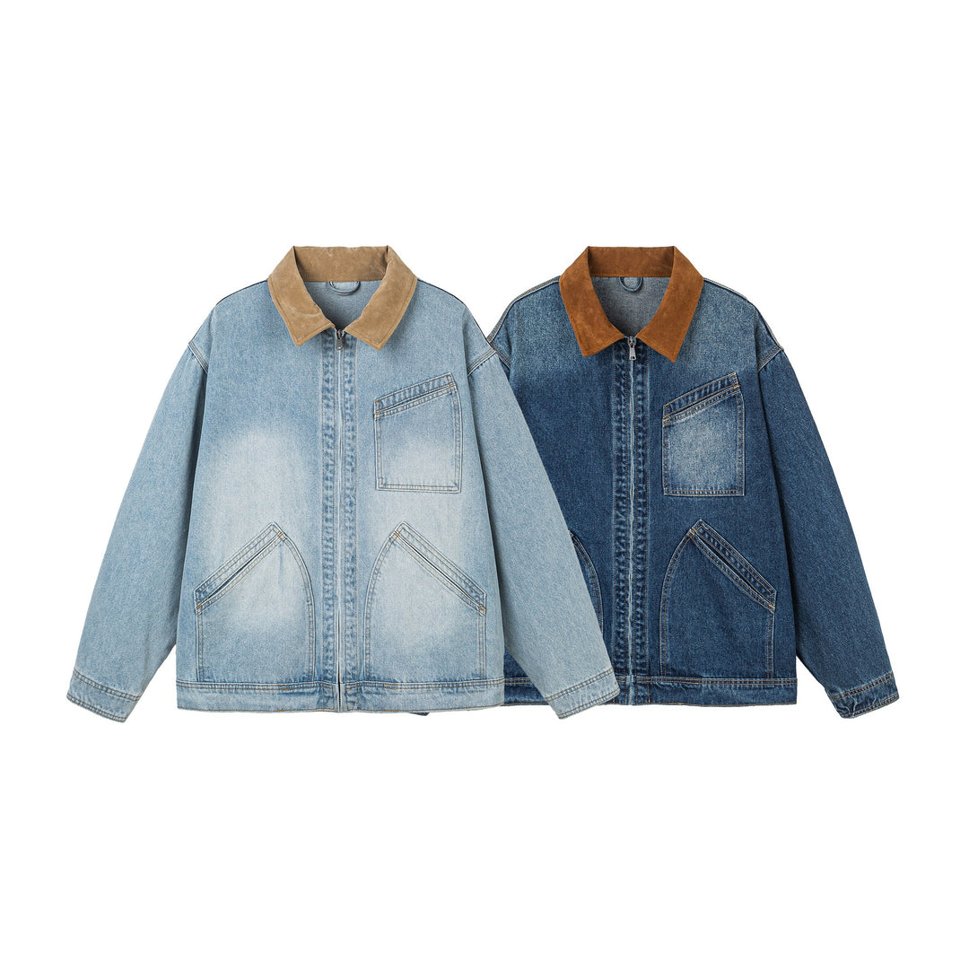 Damen Oversize-Denimjacke mit Velourslederkragen, verdecktem Reißverschluss und markanten Einstecktaschen Nord Taschen