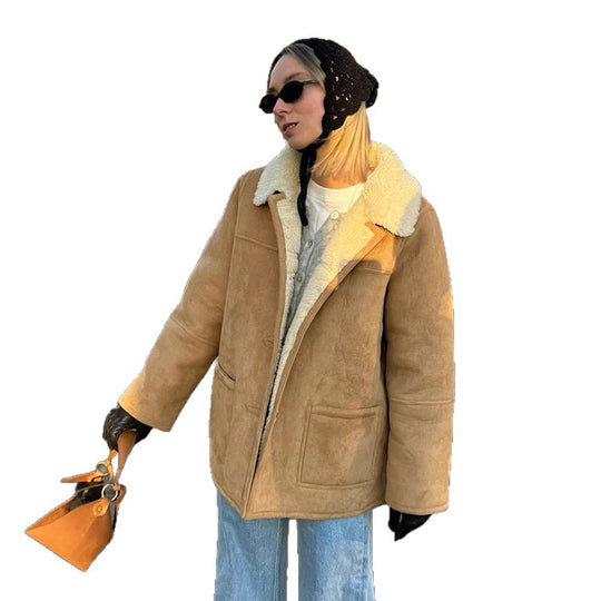 Damen Boxy Lammfell-Optik Mantel mit umgeschlagenem Teddykragen Nord Taschen