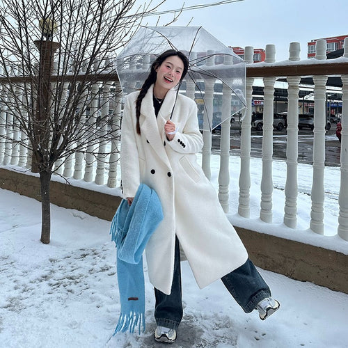 Damen Langer Teddy-Mantel im Oversize‑Schnitt mit Doppelreiher und Reverskragen Nord Taschen