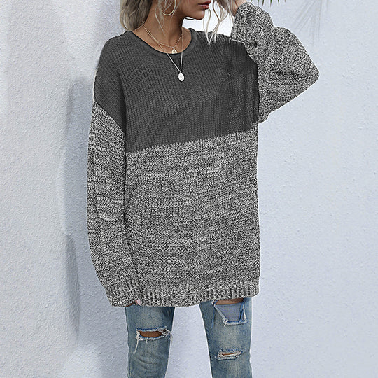 Damen Oversize Strickpullover mit Colorblock-Optik, rundem Ausschnitt und melierter Strukturstrick Nord Taschen