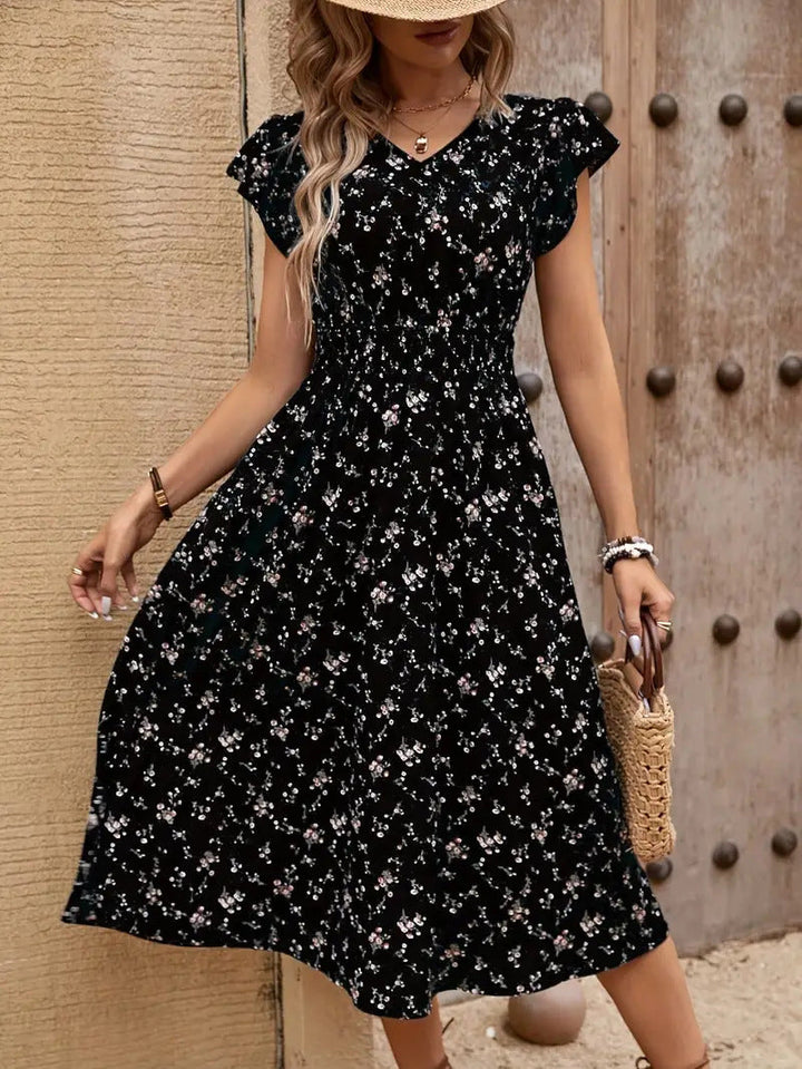 Damen Midikleid mit elastischem Tailleneinsatz und Rüschenärmeln