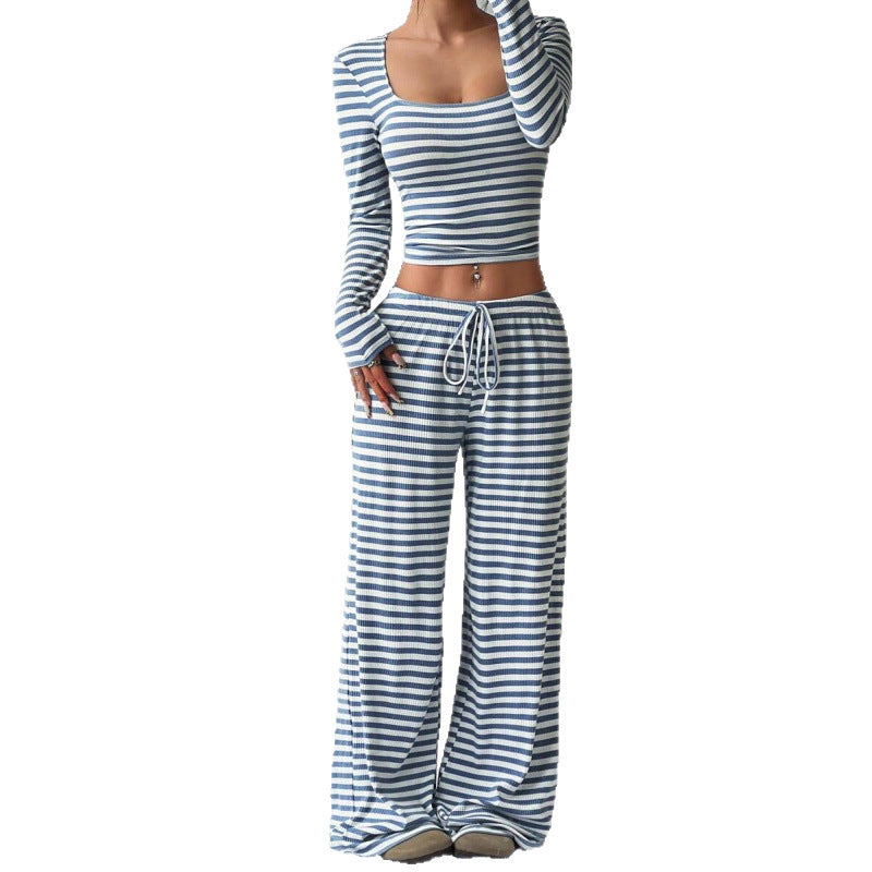 Damen Gestreifter Lounge-Zweiteiler mit weitem Bein und Cropped Langarmtop Nord Taschen
