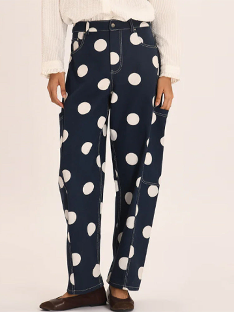 Damen weite Cargo-Hose mit hoher Taille, Punkteprint und sichtbaren Kontrastnähten Nord Taschen