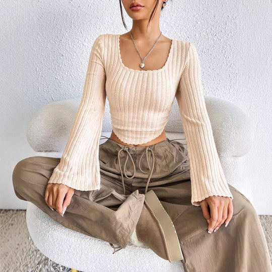 Damen geripptes Crop-Top mit quadratischem Ausschnitt, gewelltem Saum und ausgestellten Ärmeln Nord Taschen
