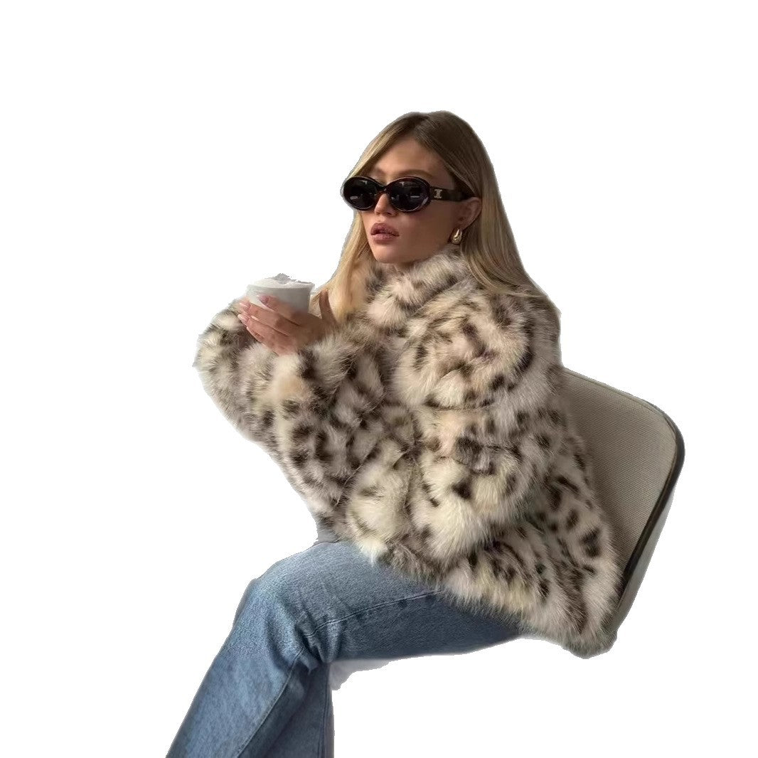 Damen Boxy-Kurzmantel aus Kunstfell mit Leopardenoptik und kurzem Schalkragen Nord Taschen