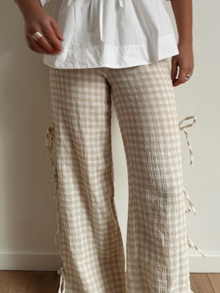 Damen High‑Waist Leinenoptik-Hose mit Gingham-Karo, weitem Bein & seitlichen Bändchen-Details Nord Taschen