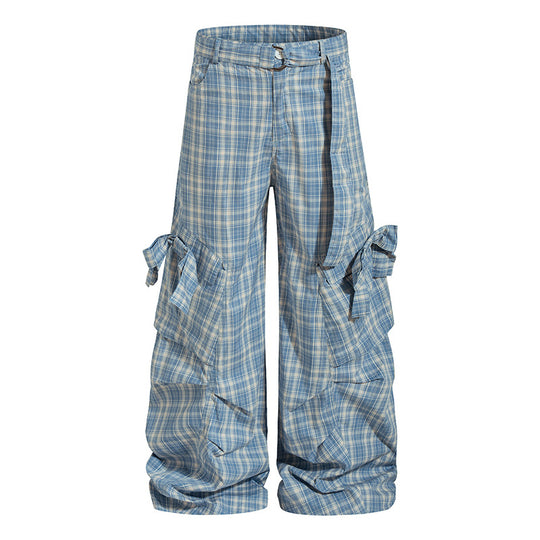 Damen karierte hochgeschnittene Cargo-Hose mit weitem Bein und Volant-Taschen Nord Taschen