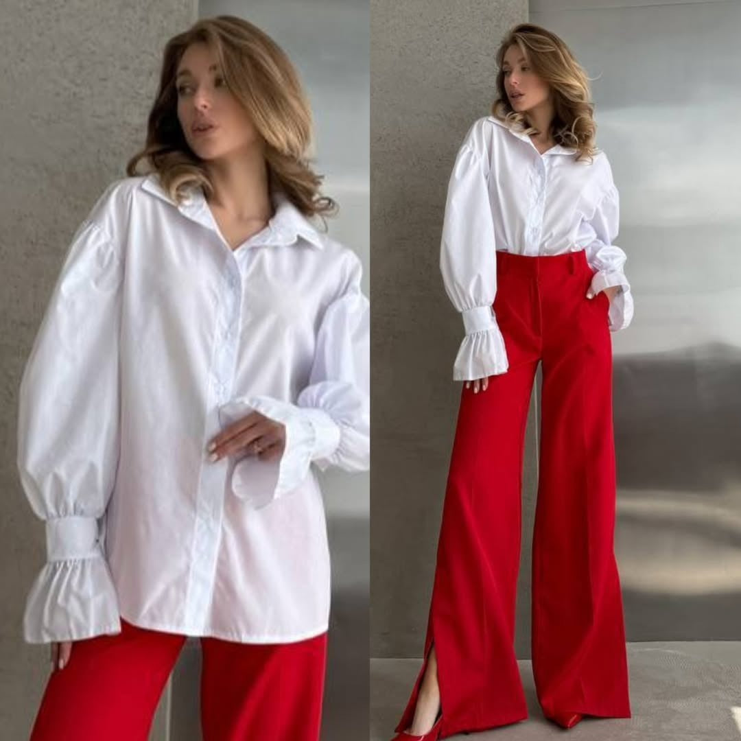 Damen Oversized-Bluse mit Volant-Manschetten und Ballonärmeln Nord Taschen